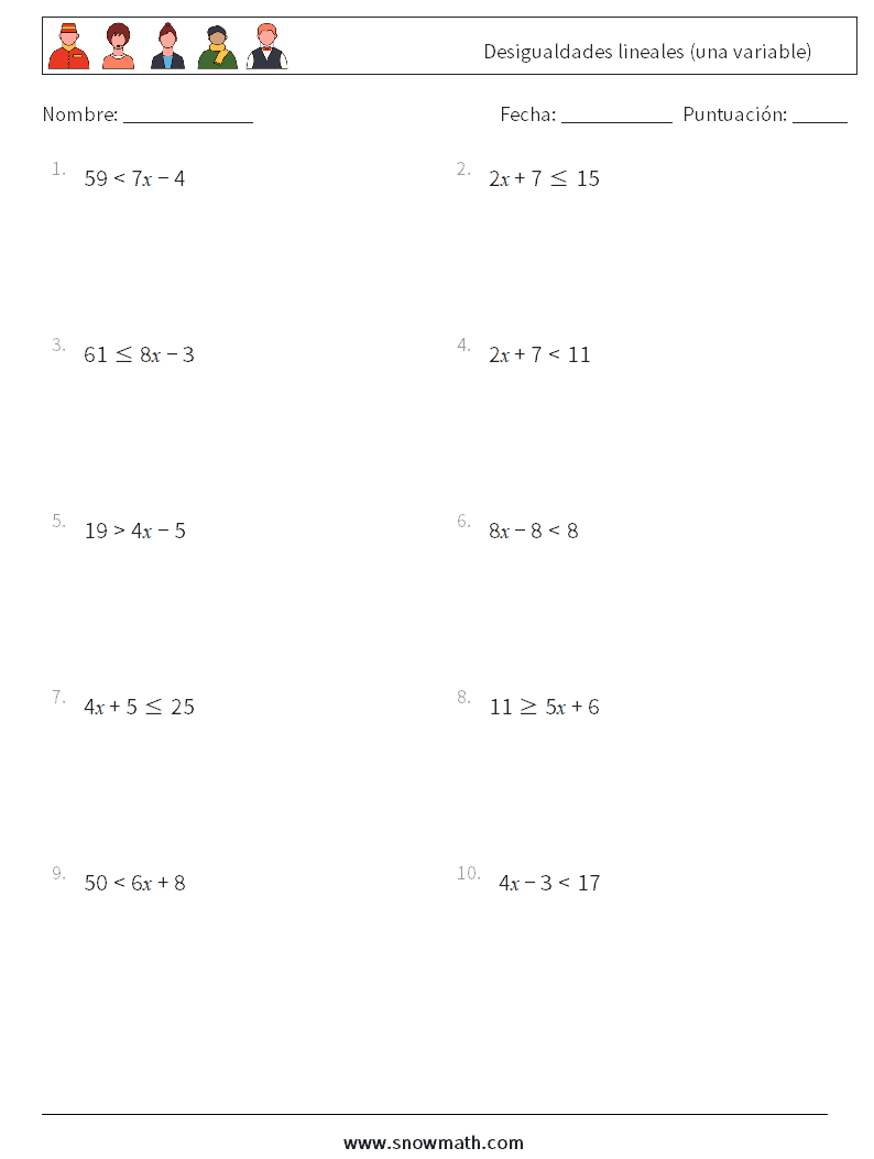 Desigualdades lineales (una variable) Hojas de trabajo de matemáticas 2