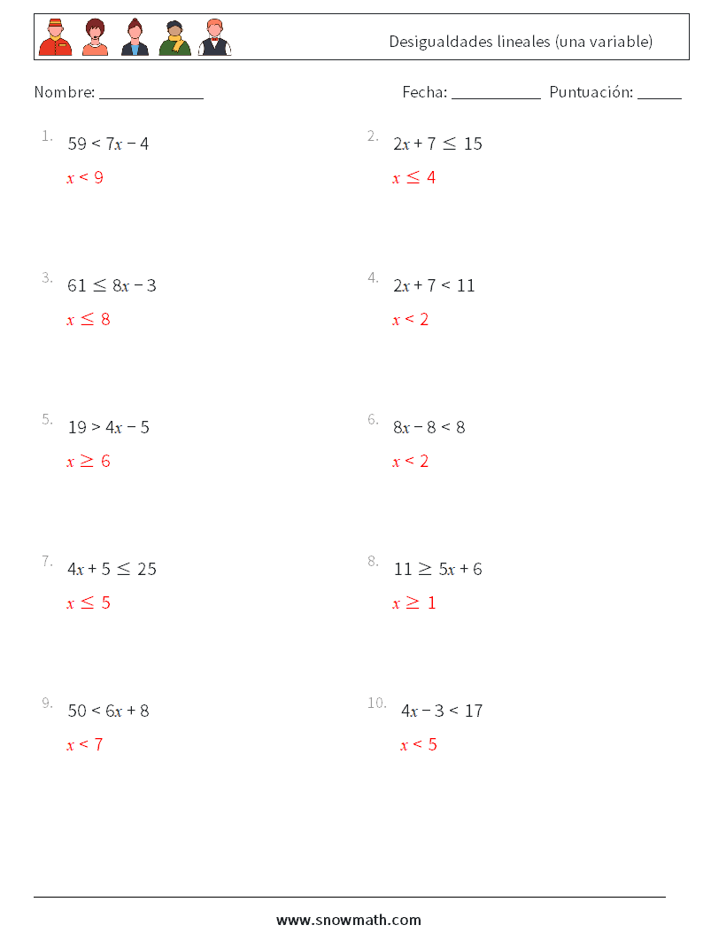 Desigualdades lineales (una variable) Hojas de trabajo de matemáticas 2 Pregunta, respuesta