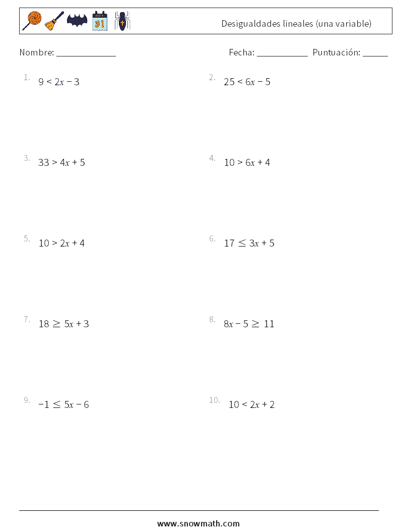 Desigualdades lineales (una variable) Hojas de trabajo de matemáticas 3