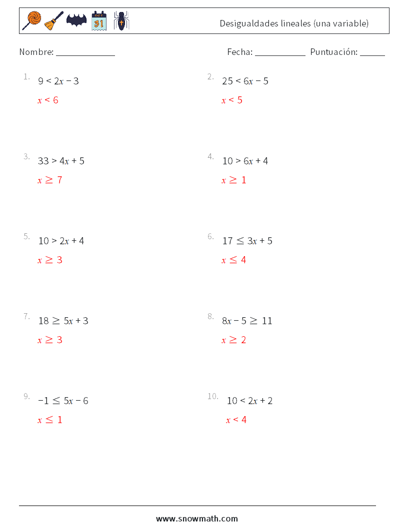 Desigualdades lineales (una variable) Hojas de trabajo de matemáticas 3 Pregunta, respuesta