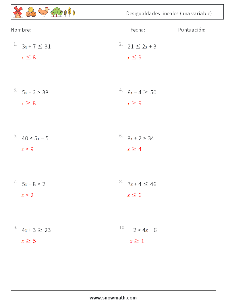 Desigualdades lineales (una variable) Hojas de trabajo de matemáticas 4 Pregunta, respuesta