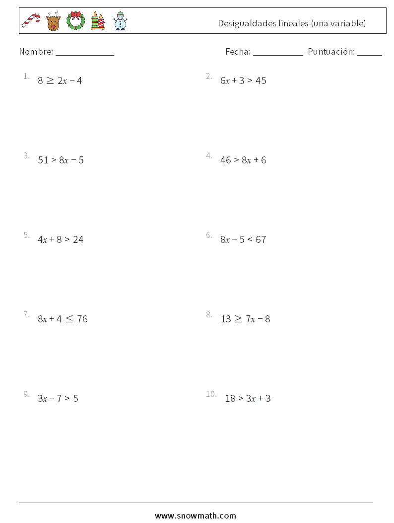 Desigualdades lineales (una variable) Hojas de trabajo de matemáticas 5