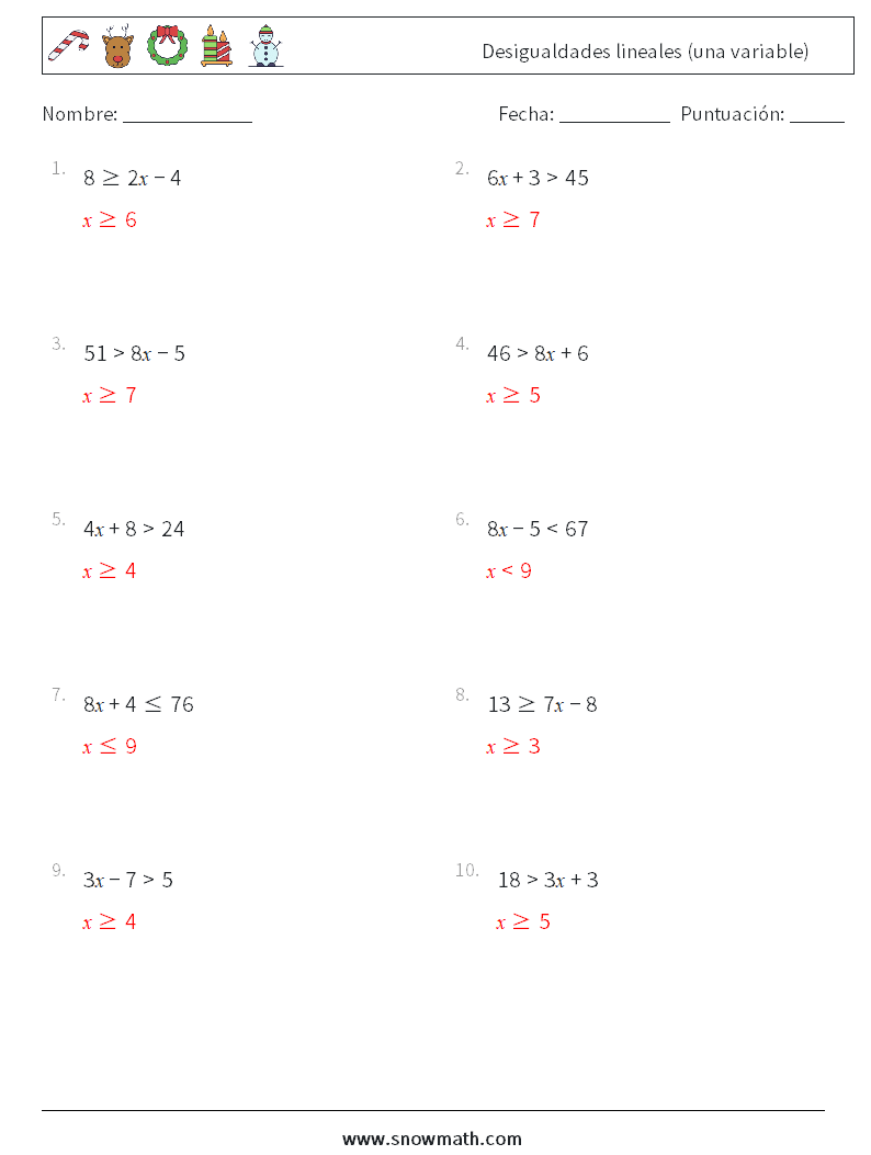 Desigualdades lineales (una variable) Hojas de trabajo de matemáticas 5 Pregunta, respuesta