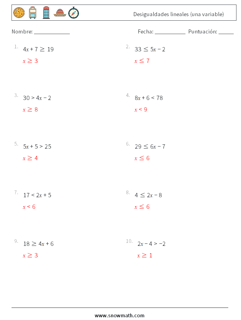 Desigualdades lineales (una variable) Hojas de trabajo de matemáticas 6 Pregunta, respuesta