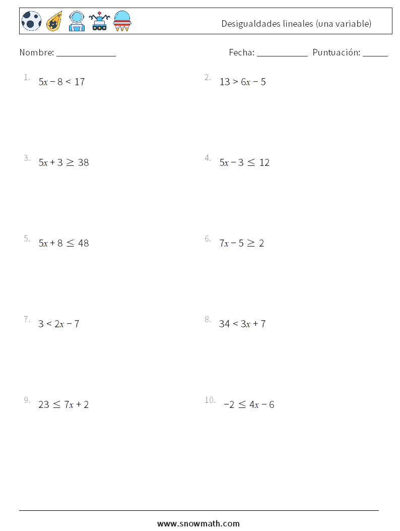 Desigualdades lineales (una variable) Hojas de trabajo de matemáticas 7