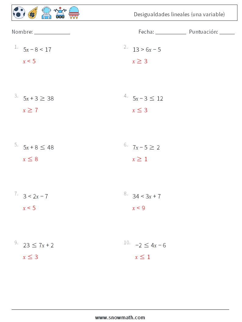 Desigualdades lineales (una variable) Hojas de trabajo de matemáticas 7 Pregunta, respuesta