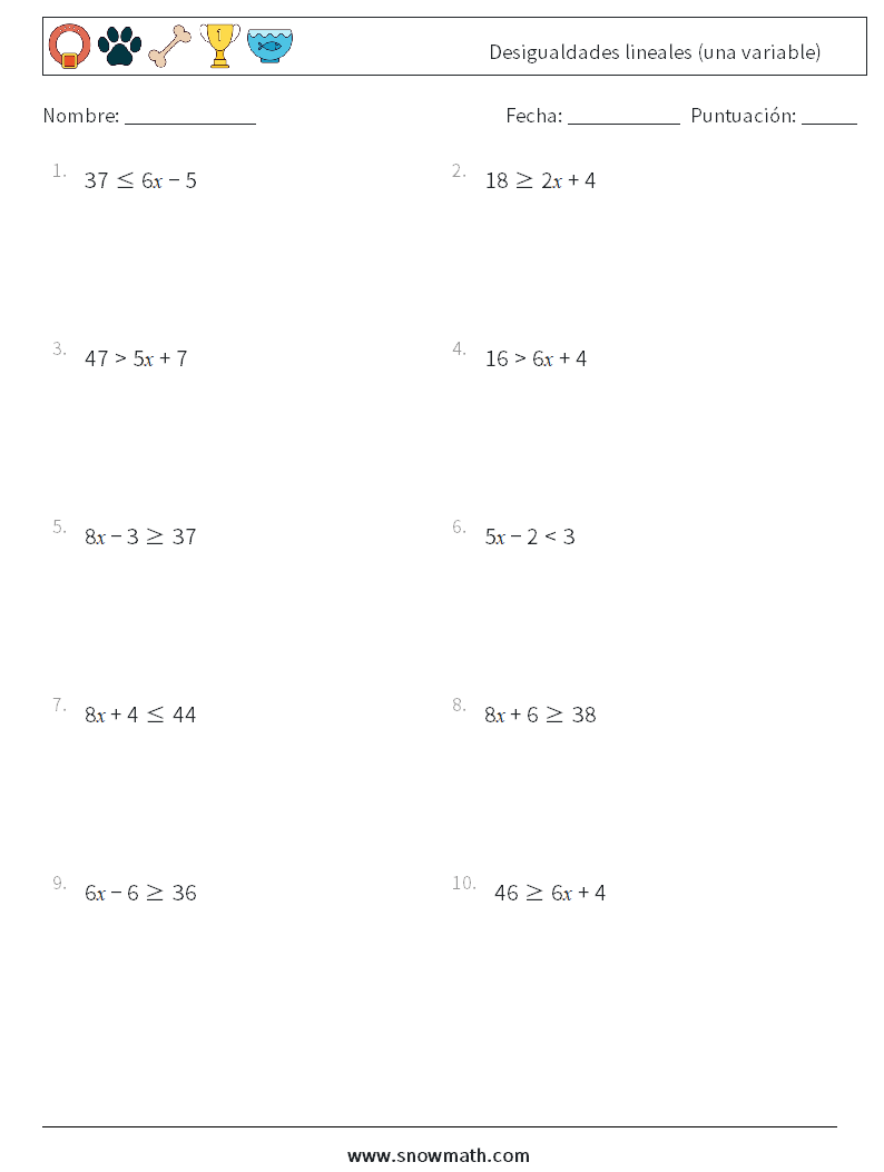 Desigualdades lineales (una variable) Hojas de trabajo de matemáticas 8