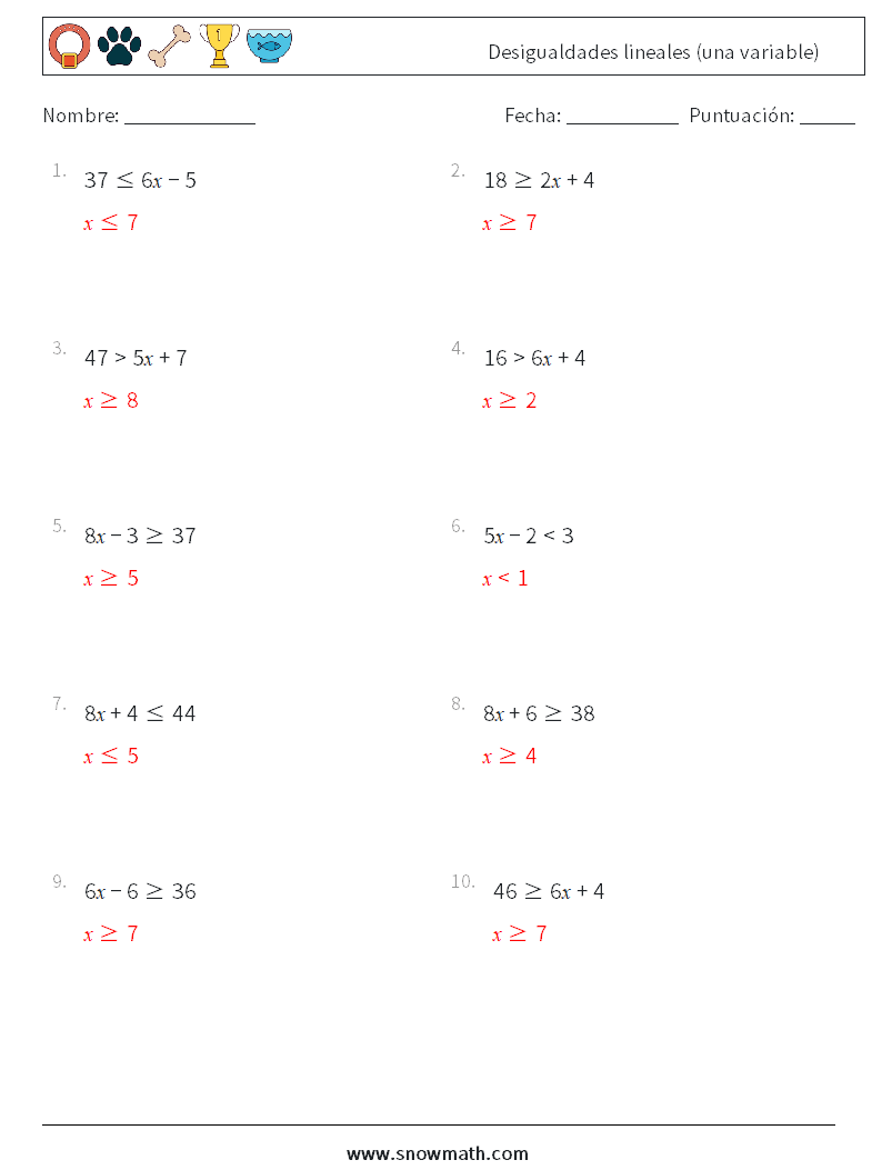 Desigualdades lineales (una variable) Hojas de trabajo de matemáticas 8 Pregunta, respuesta