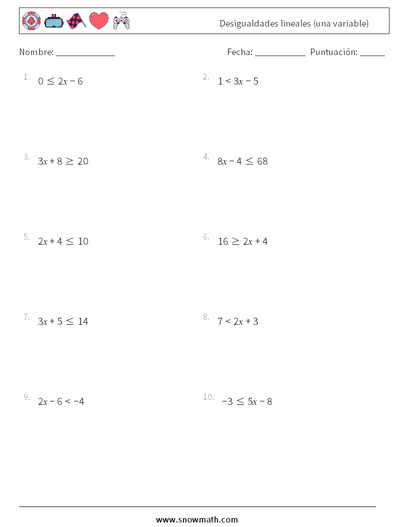 Desigualdades lineales (una variable) Hojas de trabajo de matemáticas 9