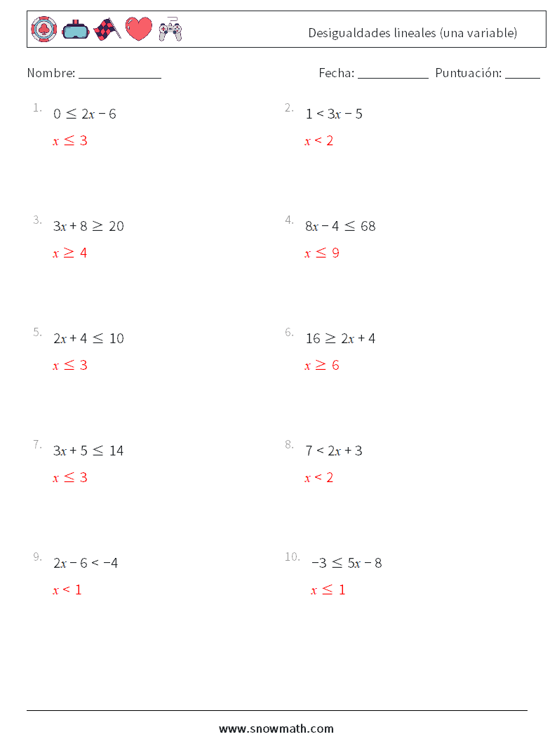 Desigualdades lineales (una variable) Hojas de trabajo de matemáticas 9 Pregunta, respuesta