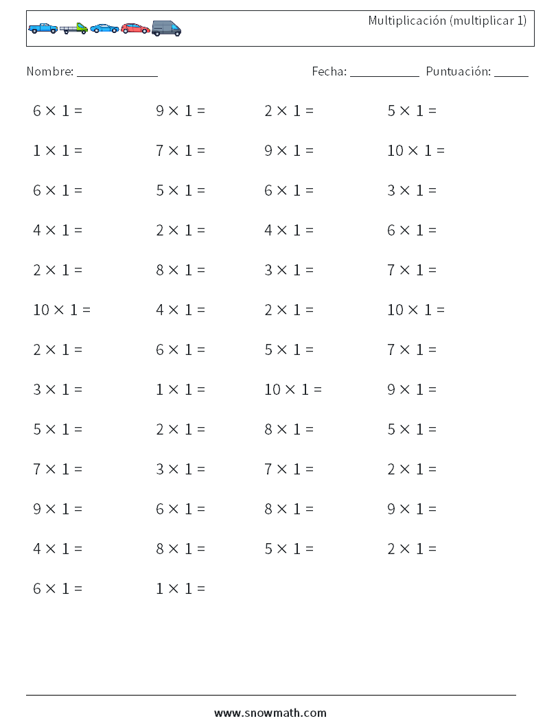 (50) Multiplicación (multiplicar 1) Hojas de trabajo de matemáticas 1