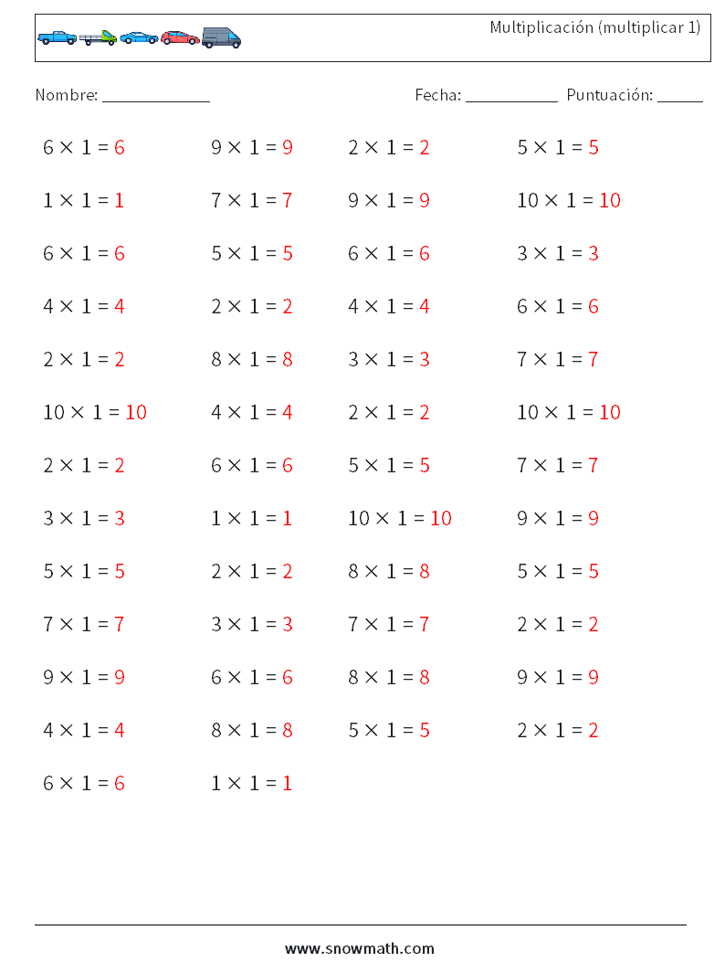 (50) Multiplicación (multiplicar 1) Hojas de trabajo de matemáticas 1 Pregunta, respuesta