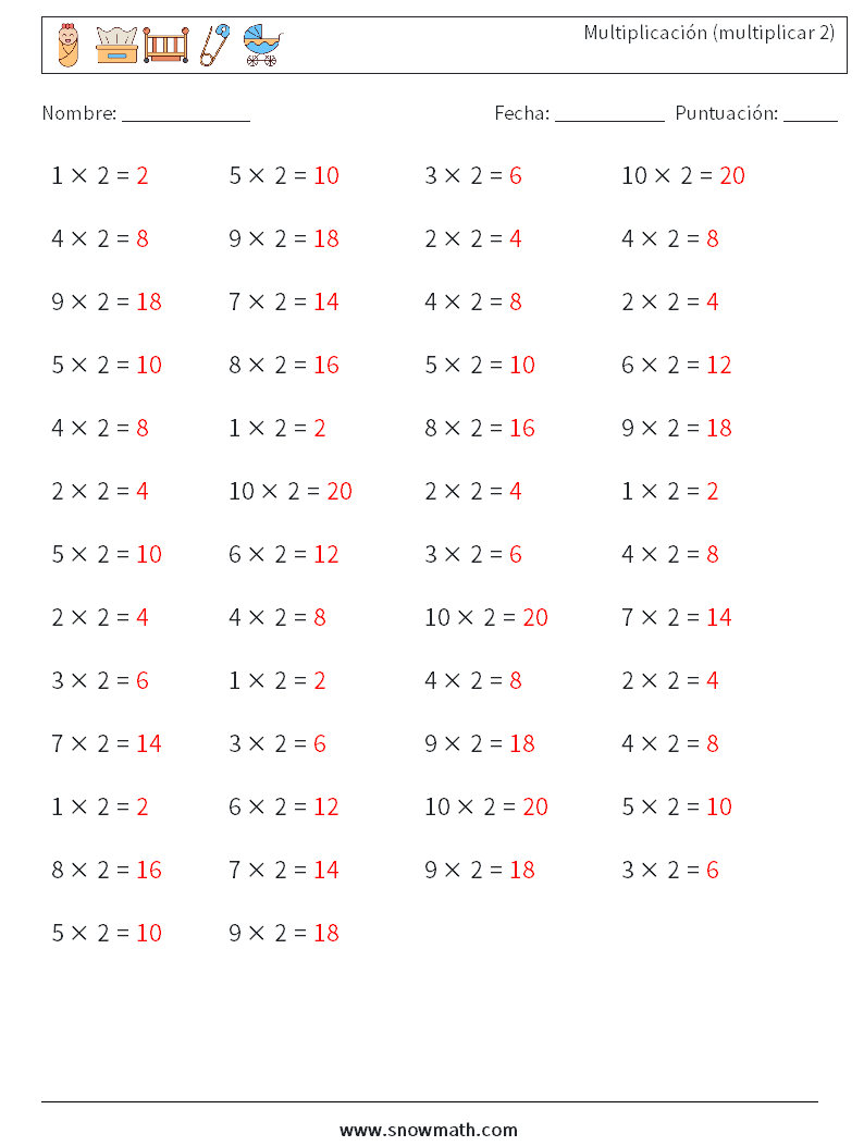 (50) Multiplicación (multiplicar 2) Hojas de trabajo de matemáticas 3 Pregunta, respuesta