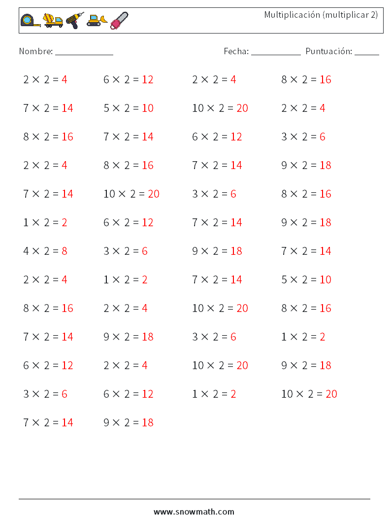 (50) Multiplicación (multiplicar 2) Hojas de trabajo de matemáticas 5 Pregunta, respuesta