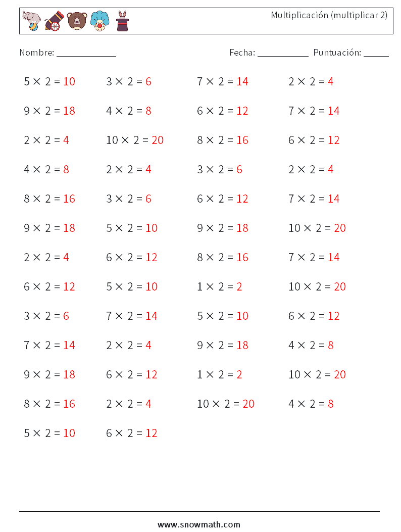 (50) Multiplicación (multiplicar 2) Hojas de trabajo de matemáticas 6 Pregunta, respuesta