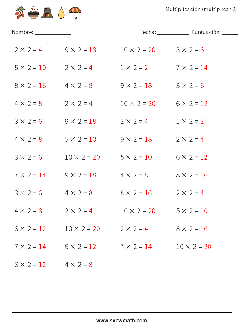 (50) Multiplicación (multiplicar 2) Hojas de trabajo de matemáticas 7 Pregunta, respuesta