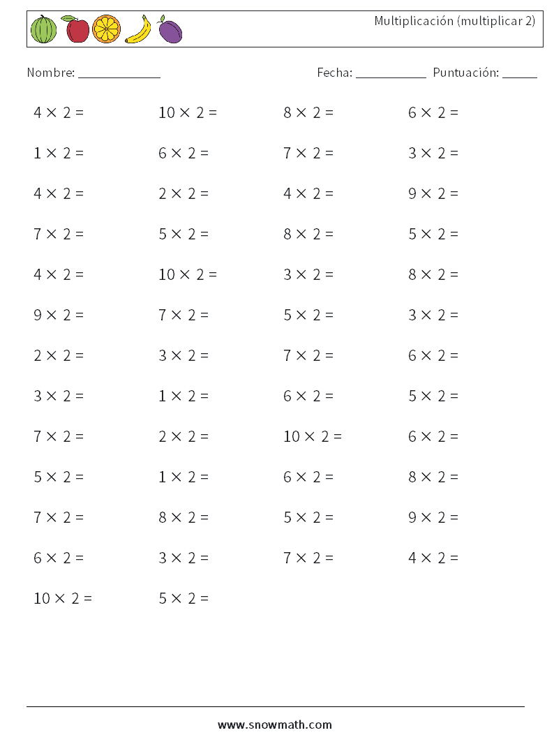 (50) Multiplicación (multiplicar 2) Hojas de trabajo de matemáticas 8