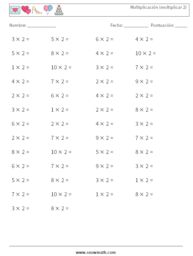 (50) Multiplicación (multiplicar 2) Hojas de trabajo de matemáticas 9