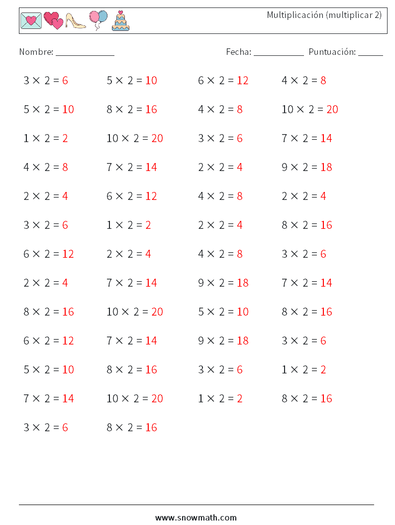 (50) Multiplicación (multiplicar 2) Hojas de trabajo de matemáticas 9 Pregunta, respuesta