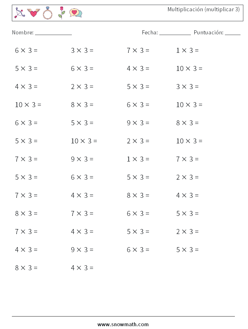 (50) Multiplicación (multiplicar 3) Hojas de trabajo de matemáticas 1