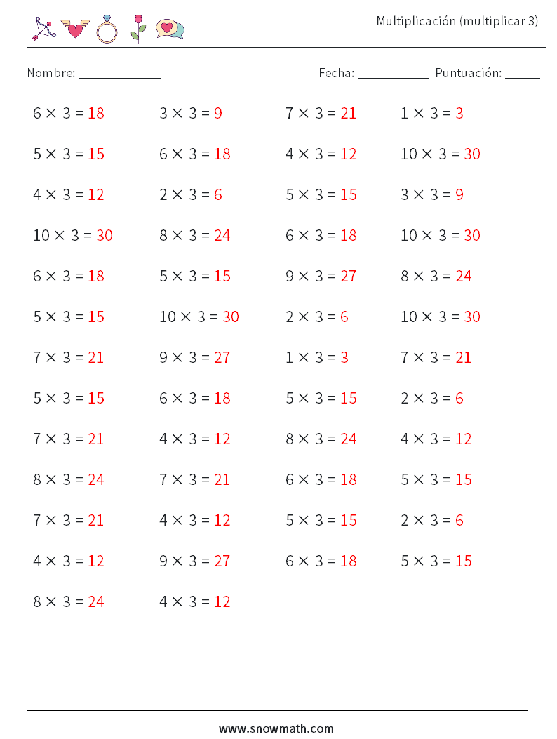 (50) Multiplicación (multiplicar 3) Hojas de trabajo de matemáticas 1 Pregunta, respuesta