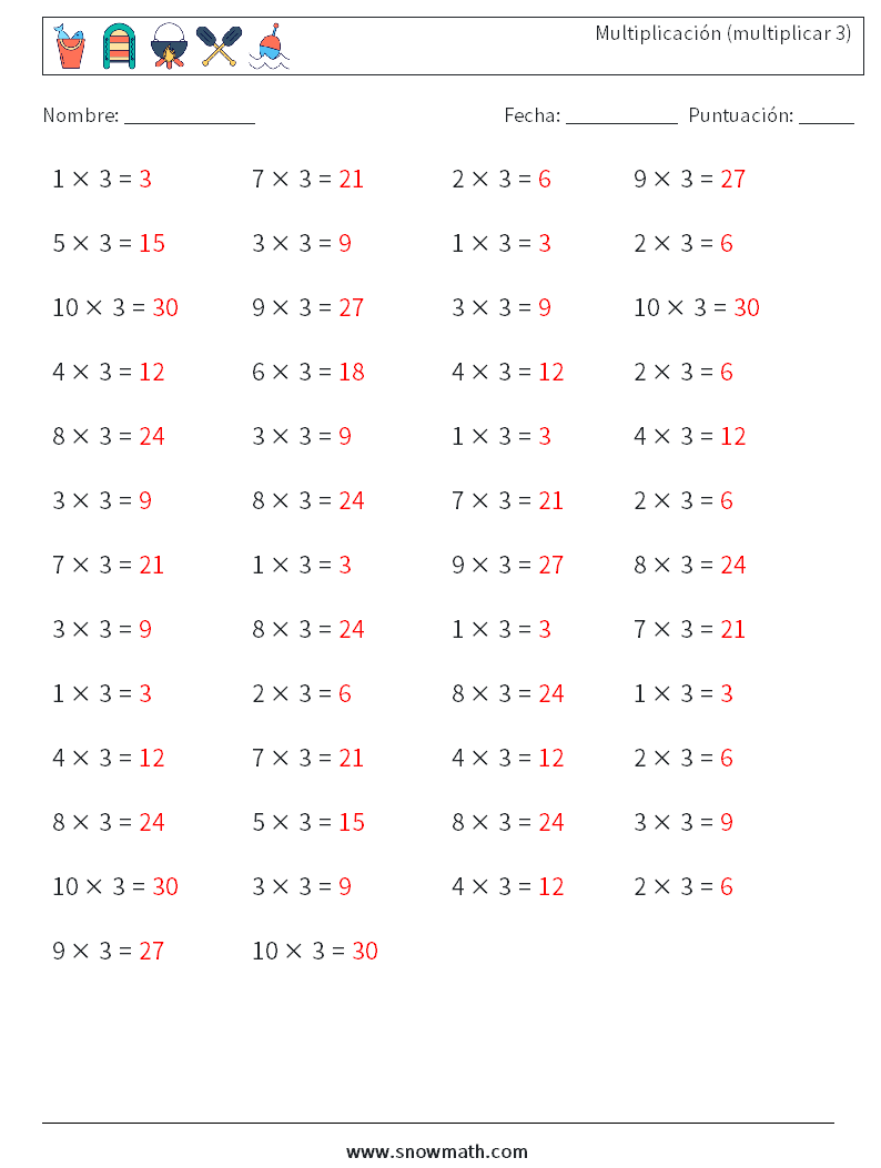 (50) Multiplicación (multiplicar 3) Hojas de trabajo de matemáticas 2 Pregunta, respuesta