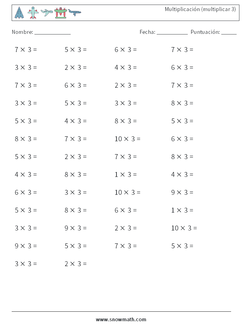 (50) Multiplicación (multiplicar 3) Hojas de trabajo de matemáticas 3