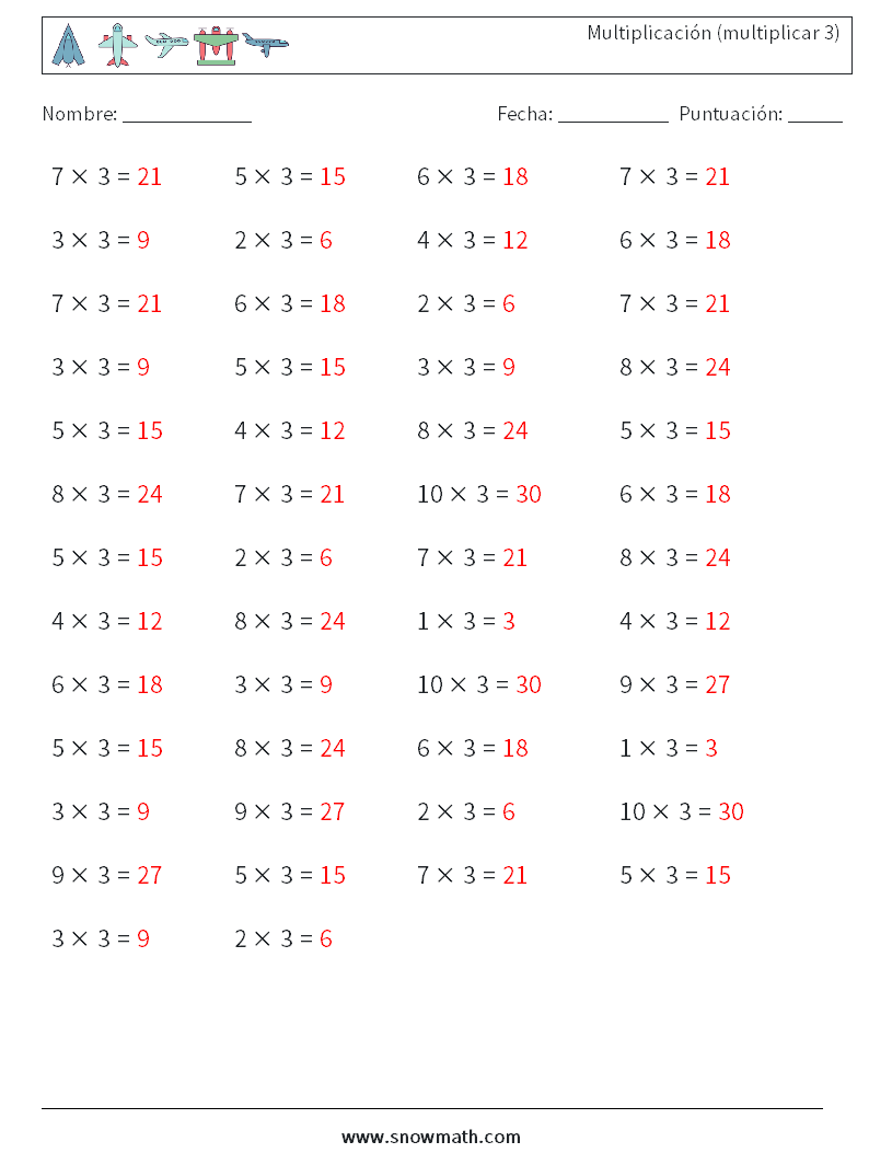 (50) Multiplicación (multiplicar 3) Hojas de trabajo de matemáticas 3 Pregunta, respuesta