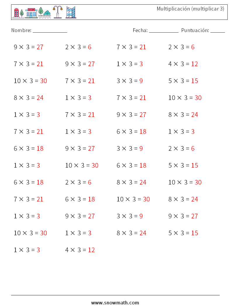 (50) Multiplicación (multiplicar 3) Hojas de trabajo de matemáticas 7 Pregunta, respuesta