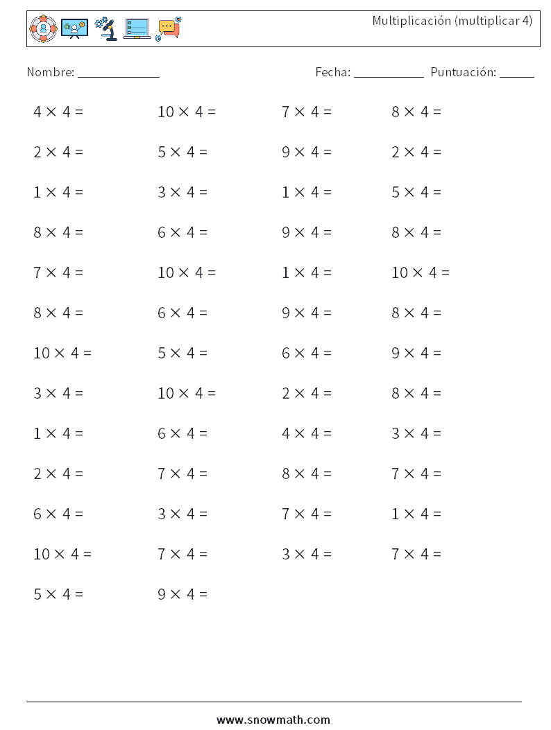 (50) Multiplicación (multiplicar 4) Hojas de trabajo de matemáticas 1