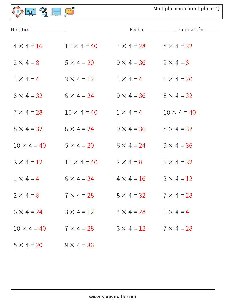 (50) Multiplicación (multiplicar 4) Hojas de trabajo de matemáticas 1 Pregunta, respuesta