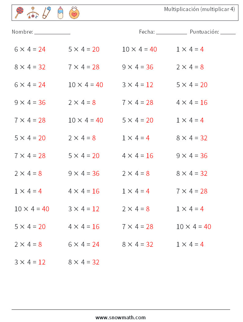 (50) Multiplicación (multiplicar 4) Hojas de trabajo de matemáticas 2 Pregunta, respuesta