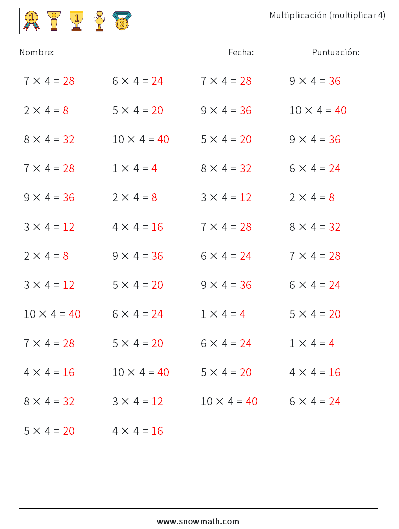 (50) Multiplicación (multiplicar 4) Hojas de trabajo de matemáticas 3 Pregunta, respuesta