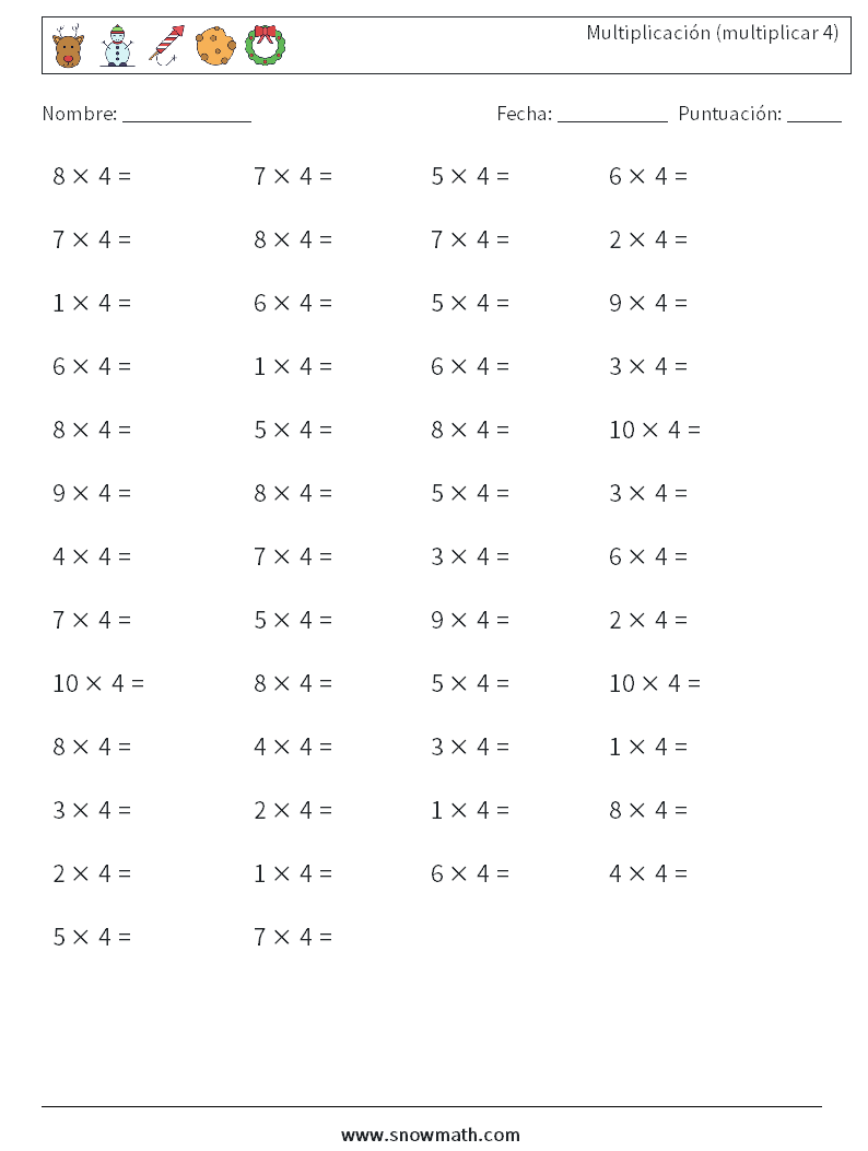 (50) Multiplicación (multiplicar 4) Hojas de trabajo de matemáticas 5