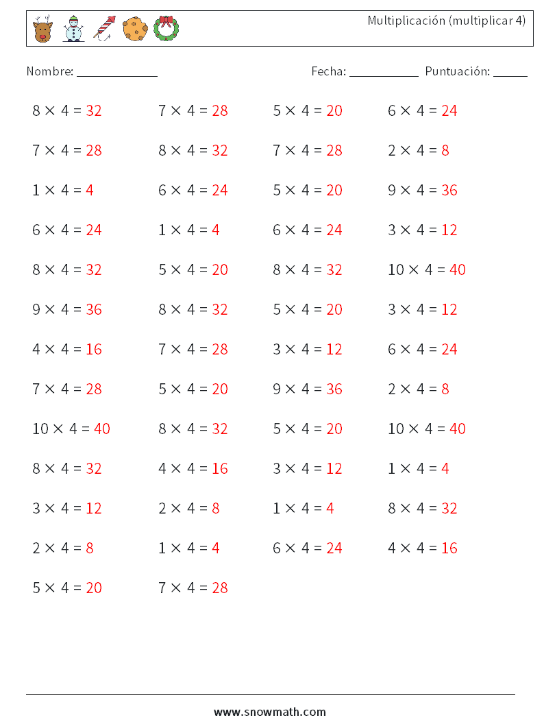 (50) Multiplicación (multiplicar 4) Hojas de trabajo de matemáticas 5 Pregunta, respuesta