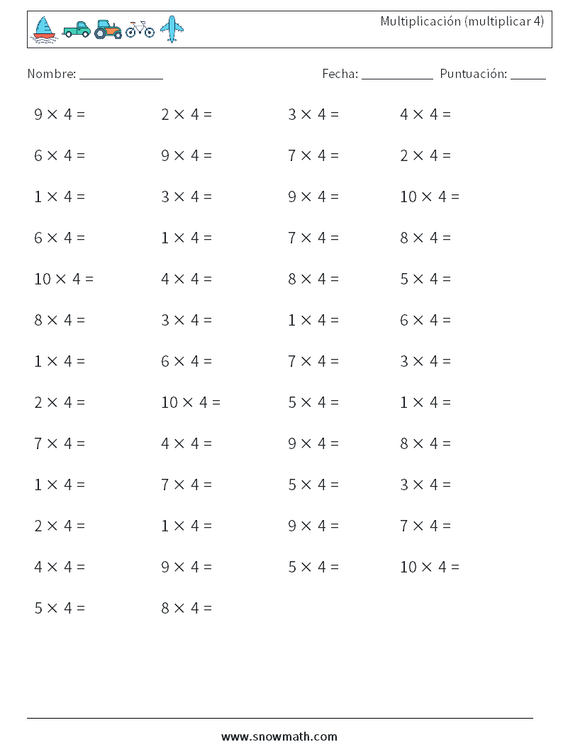 (50) Multiplicación (multiplicar 4) Hojas de trabajo de matemáticas 6