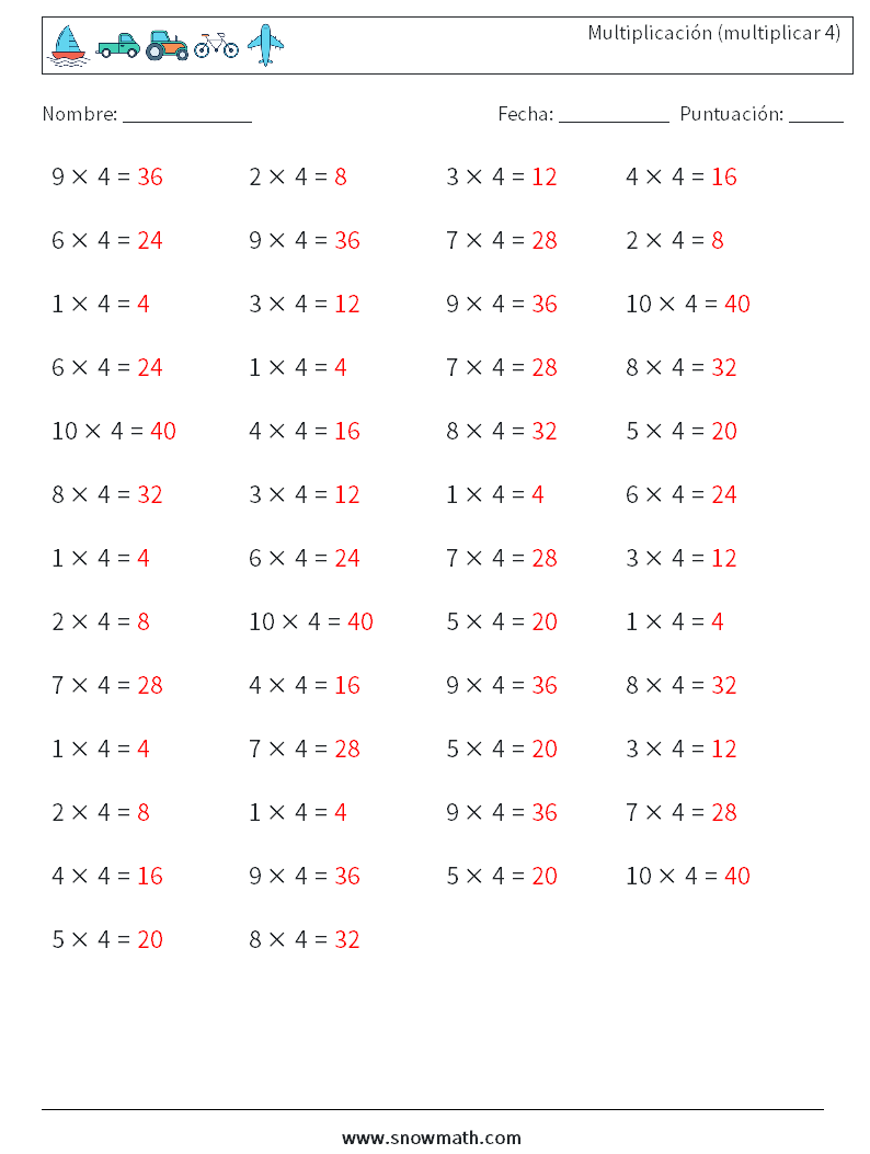 (50) Multiplicación (multiplicar 4) Hojas de trabajo de matemáticas 6 Pregunta, respuesta