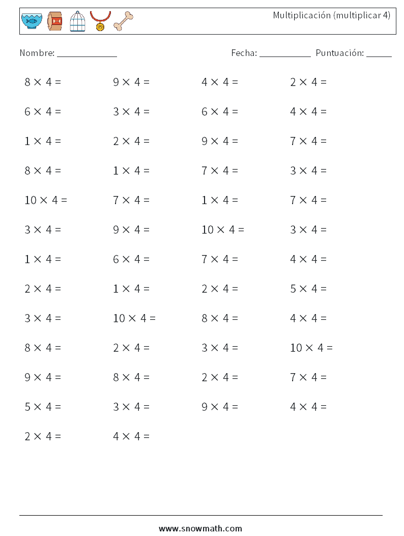 (50) Multiplicación (multiplicar 4) Hojas de trabajo de matemáticas 7