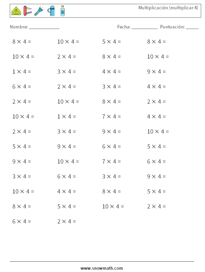 (50) Multiplicación (multiplicar 4) Hojas de trabajo de matemáticas 8