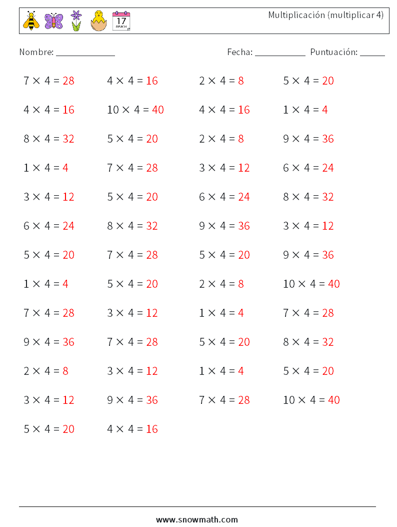 (50) Multiplicación (multiplicar 4) Hojas de trabajo de matemáticas 9 Pregunta, respuesta