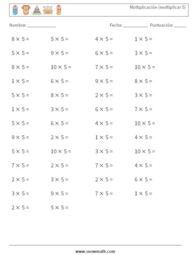 (50) Multiplicación (multiplicar 5) Hojas de trabajo de matemáticas 1