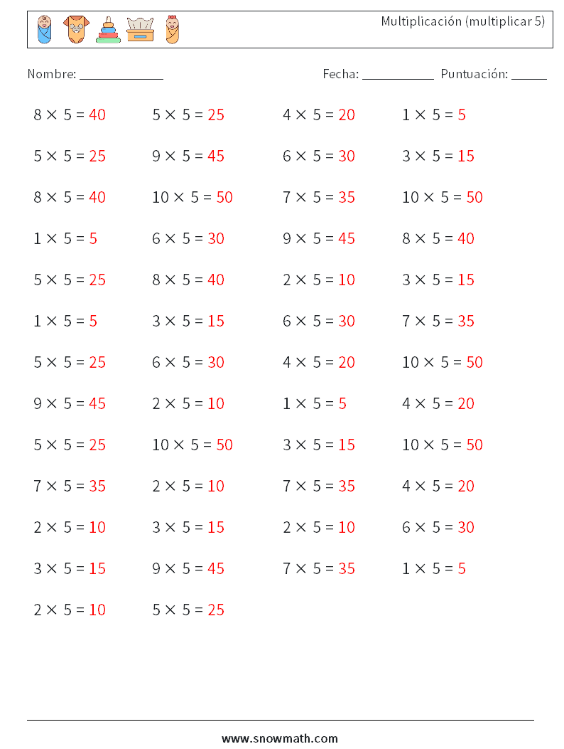 (50) Multiplicación (multiplicar 5) Hojas de trabajo de matemáticas 1 Pregunta, respuesta
