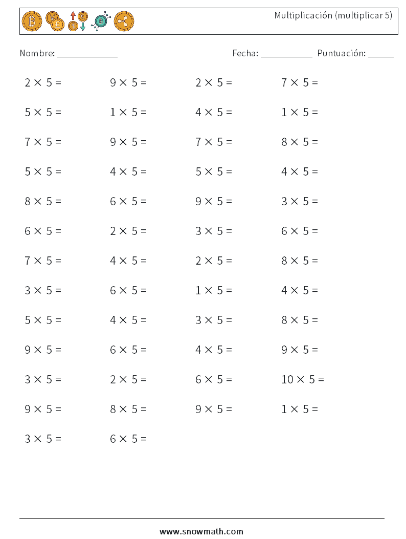 (50) Multiplicación (multiplicar 5) Hojas de trabajo de matemáticas 2