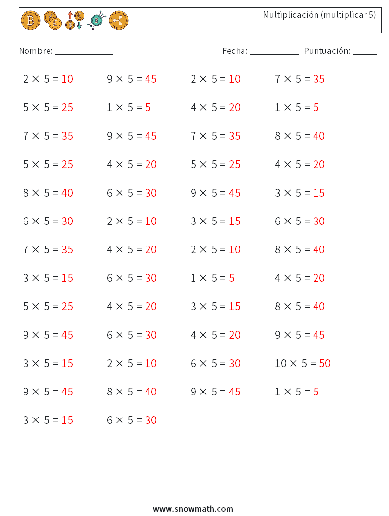 (50) Multiplicación (multiplicar 5) Hojas de trabajo de matemáticas 2 Pregunta, respuesta