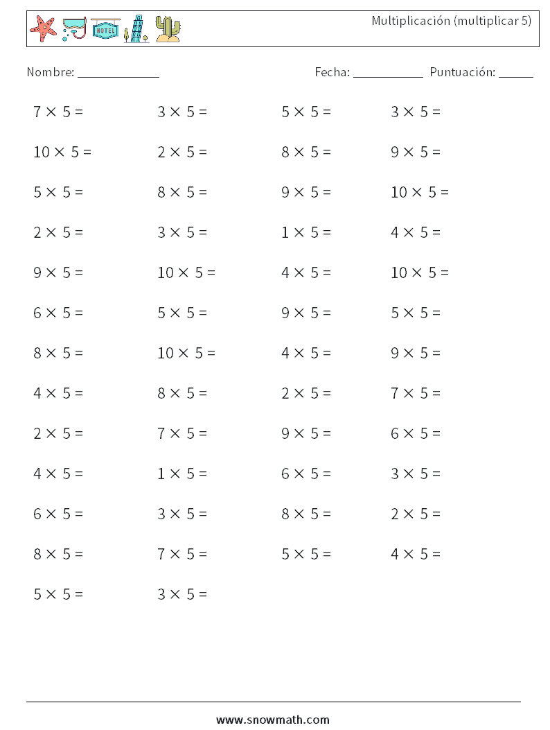 (50) Multiplicación (multiplicar 5) Hojas de trabajo de matemáticas 3