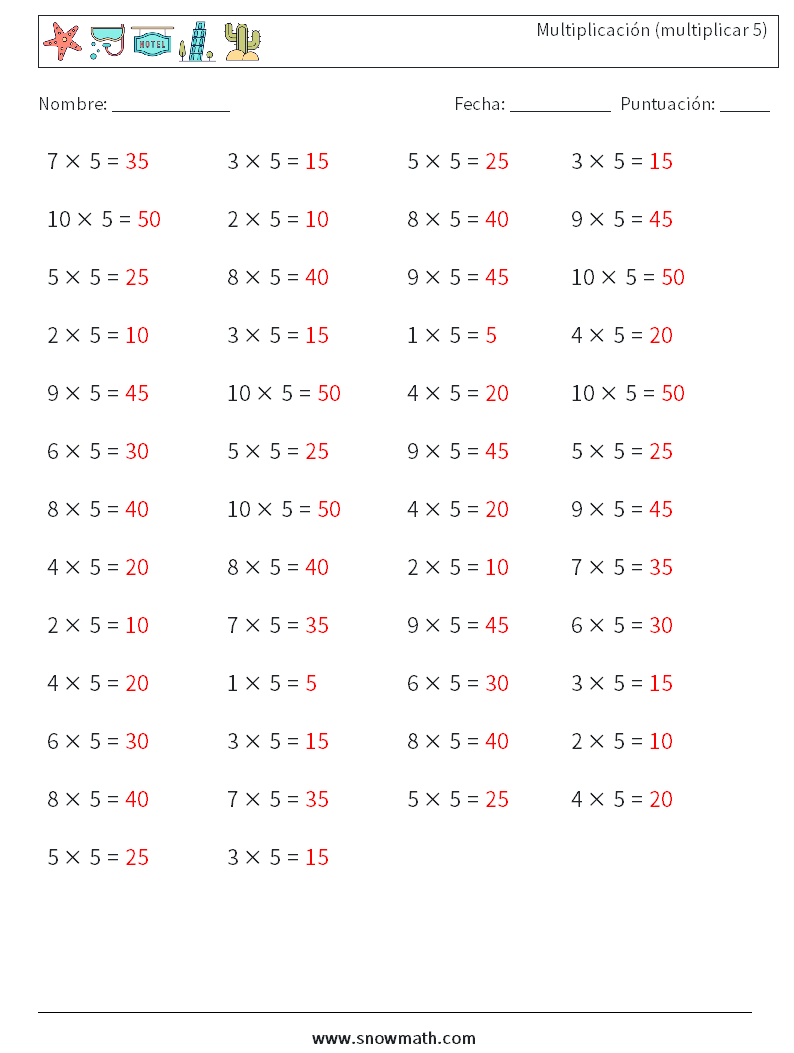 (50) Multiplicación (multiplicar 5) Hojas de trabajo de matemáticas 3 Pregunta, respuesta