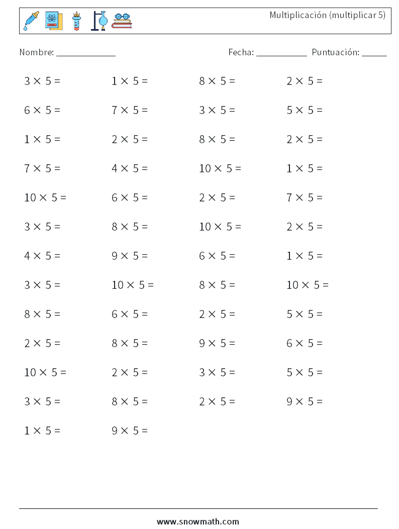 (50) Multiplicación (multiplicar 5) Hojas de trabajo de matemáticas 5