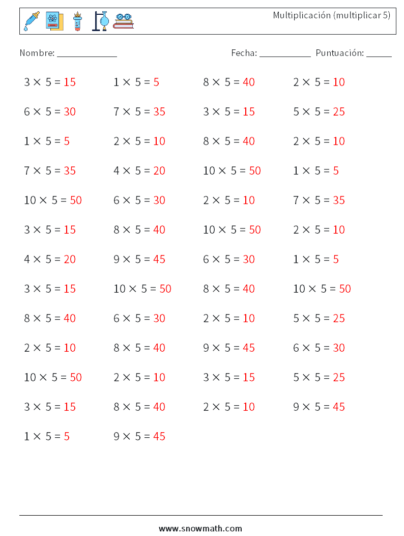 (50) Multiplicación (multiplicar 5) Hojas de trabajo de matemáticas 5 Pregunta, respuesta