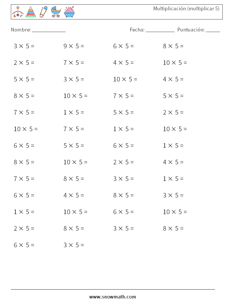 (50) Multiplicación (multiplicar 5) Hojas de trabajo de matemáticas 6