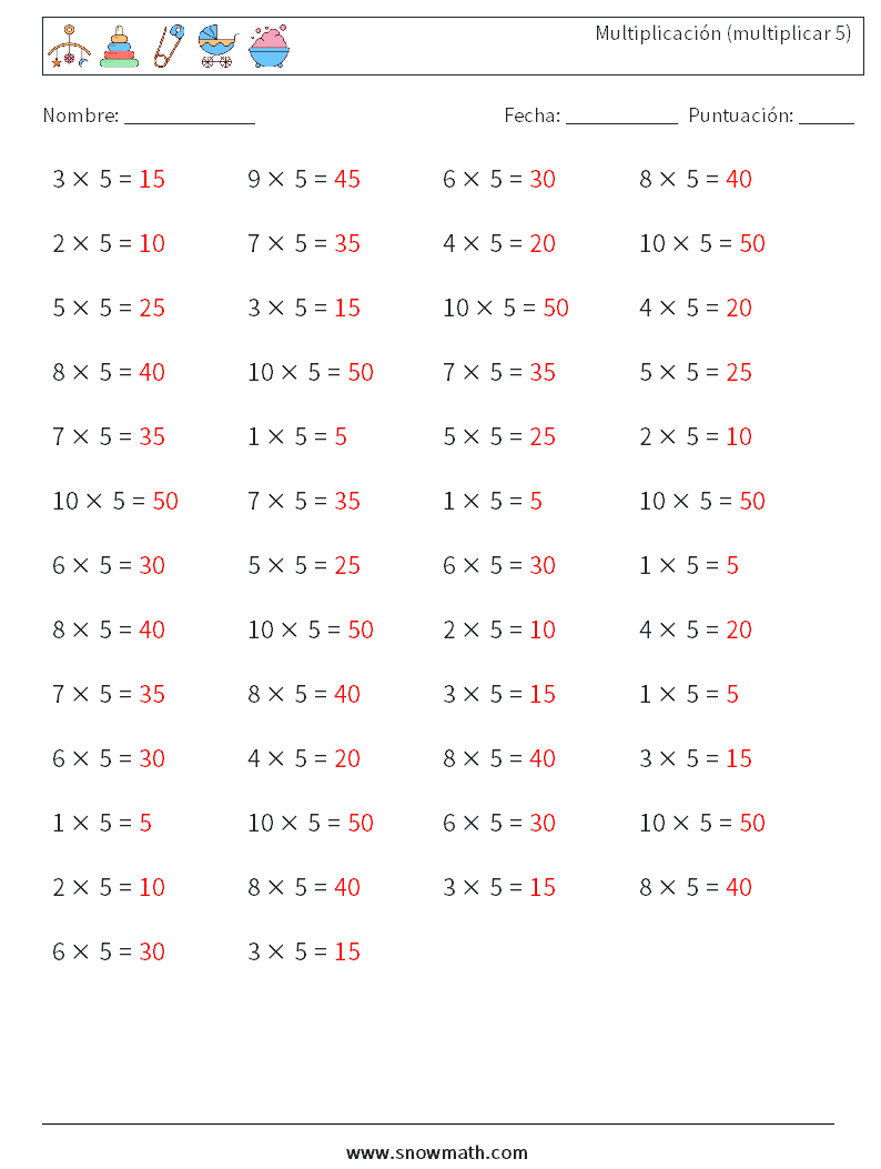 (50) Multiplicación (multiplicar 5) Hojas de trabajo de matemáticas 6 Pregunta, respuesta